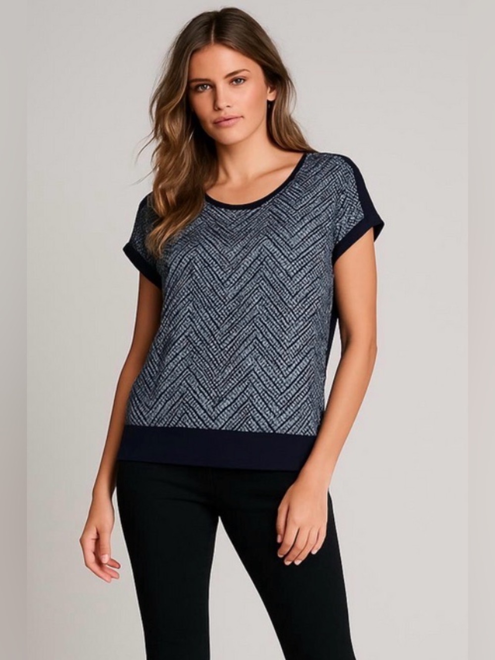 Forever Reign Short Sleeve Zigzag Stripe Top, Black, Cream, Size L